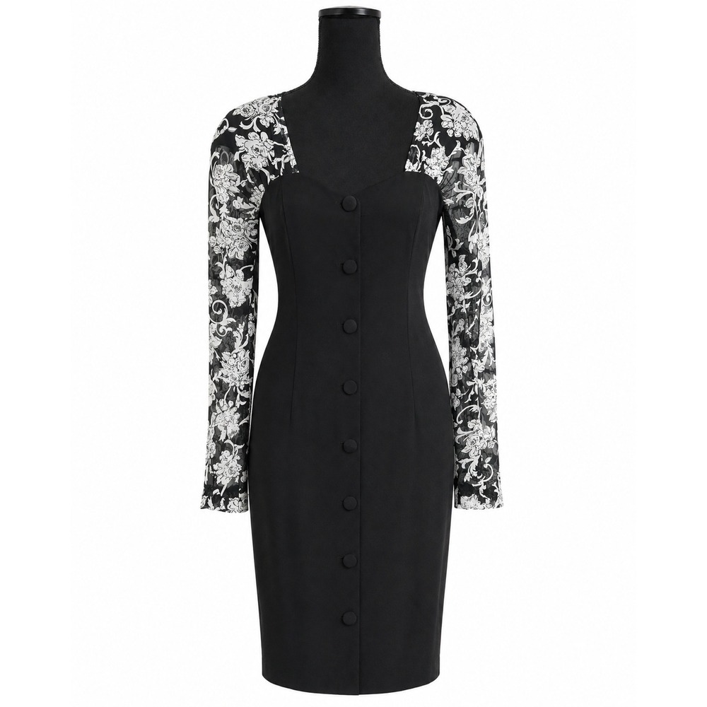 Hearts Sheath Dress Women 13/14 Black White Floral Lace Sleeve Button Front VTG